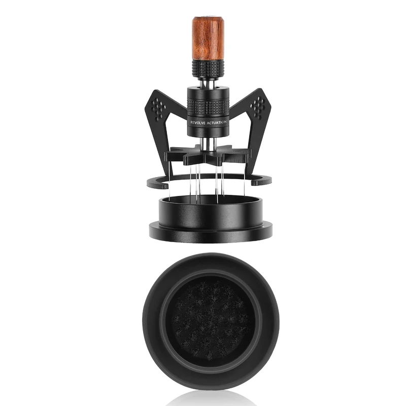 IKAPE Mantis WDT Distribution Tool with Clean Brush, V3-54mm Espresso Stirrer for Barista - 8 Needle Espresso Stirrer with Dosing Funnel & Stand, Adjustable Needle Height, Walnut Handle - Image 1