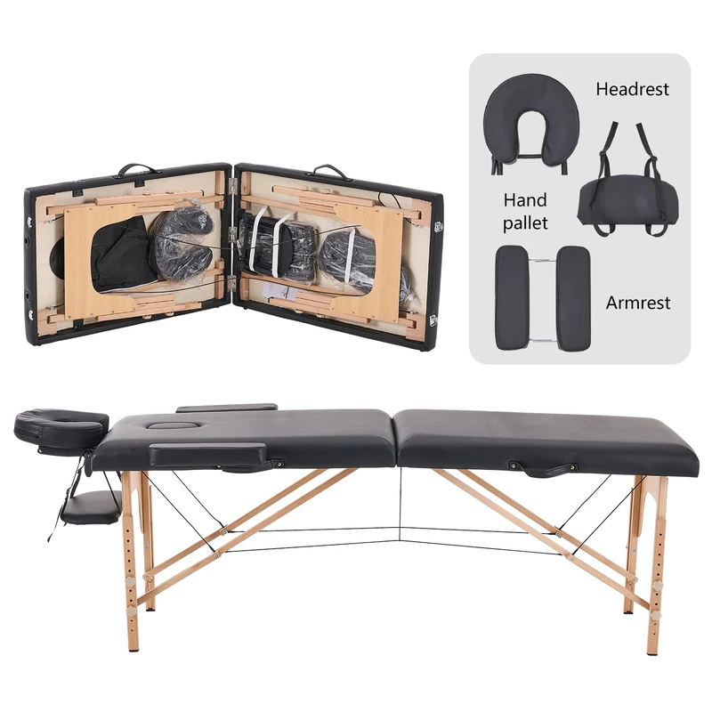 YOUNIKE Professional Folding Massage Table 60 cm Width Aesthetic Professional Wood Treatment Table Tattoo Bed Armrest Massage Table Eyelashes Extension Portable 2 Sections Black