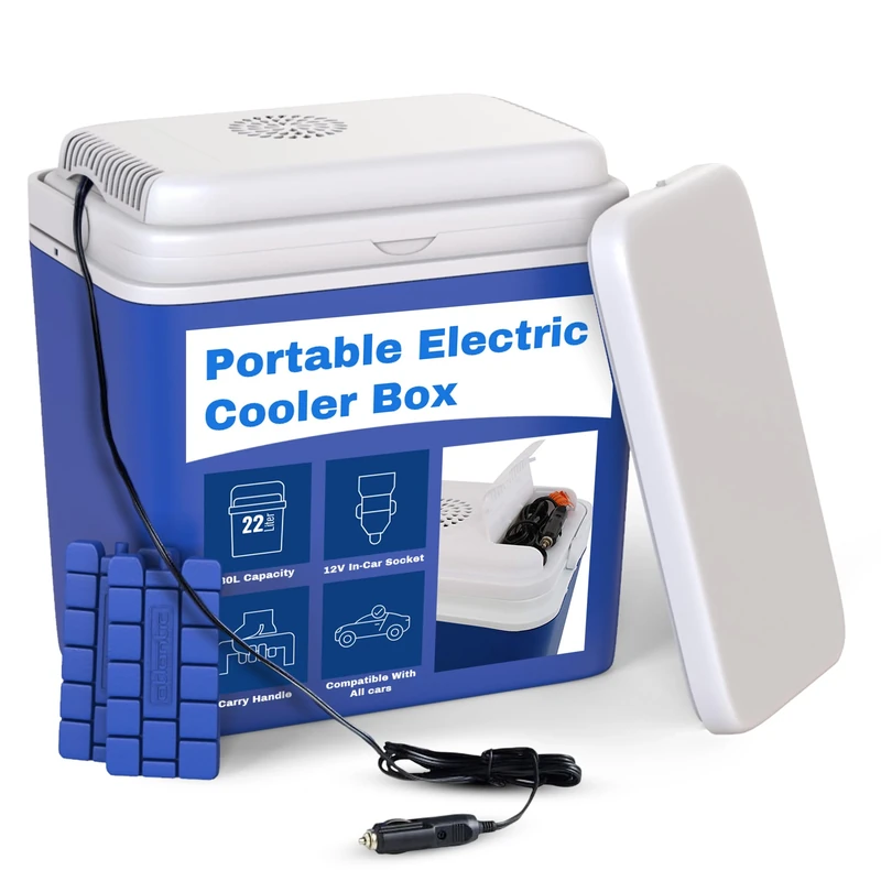 Electric Cool Box 22L – Large Portable Fridge Powered by 12V In-Car Socket – Ideal for Camping & Picnics – One Active Lid, One Passive Lid, Includes 2 Ice Packs