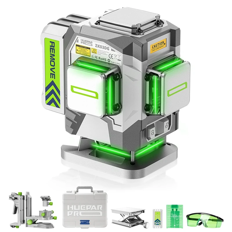 Huepar Pro ZK03DG 12-Line Green Laser - 8000mAh Battery, Stand & Case