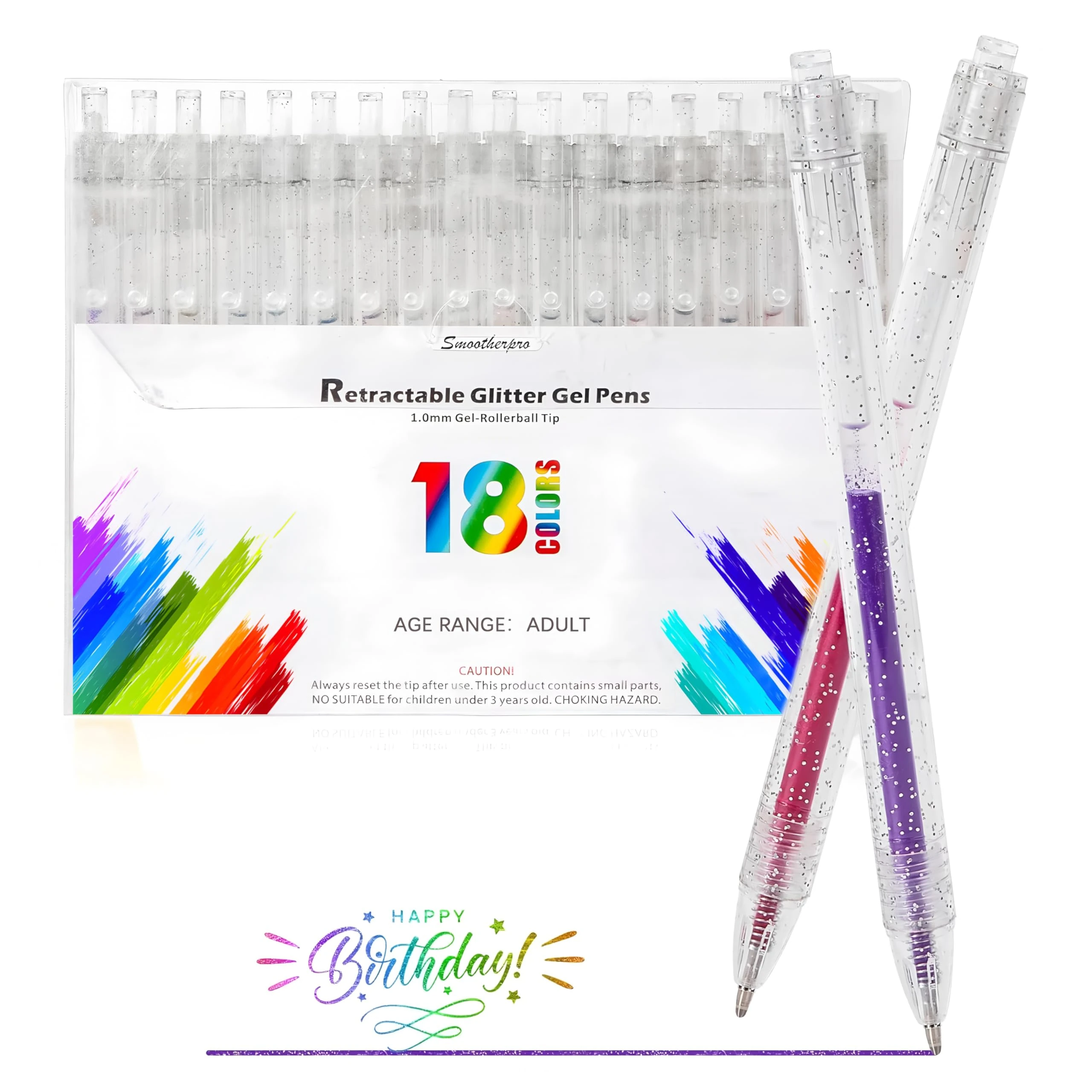 SMOOTHERPRO Glitter Retractable Gel Pens | Set of 18 | Glitter Colored Pen | for Adults and Kids Journaling Coloring Drawing and Doodling (GRP018N) | 1.0mm Tip | 18 Colors