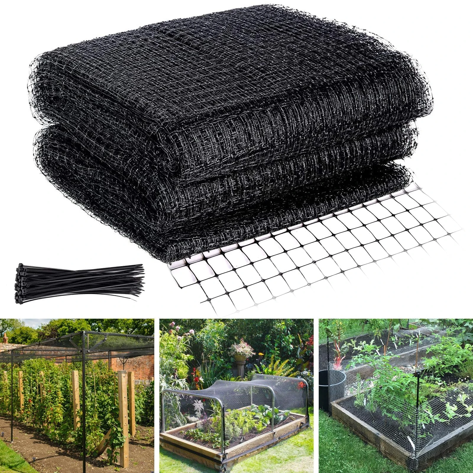 WEXFFU Black Garden Netting, 2.1x30M Bird Netting for Garden, 15*15mm Mesh Anti Bird Netting with 50PCS Cable Ties, Reusable Bird Net for Protecting Vegetables Fruits Flower Against Bird Animals Pests