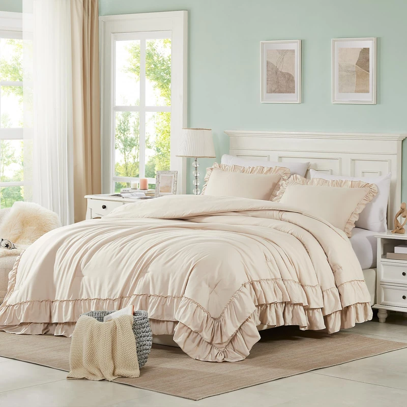 Cupocupa Beige Queen Comforter Set, 3Pcs Comforters Ruffle Farmhouse Bedding Sets Queen with Comforter, Lightweight Soft Shabby Chic Bedding Comforter Set Fluffy for All Season