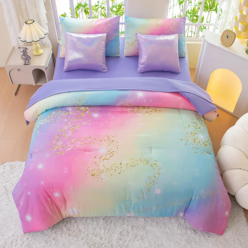 Full Size Bedding Sets Kids Bedding Sets for Girls, Galaxy Bedding 7 Pieces Bed in A Bag Full Size, Glitter Colorful Comforter for Girls