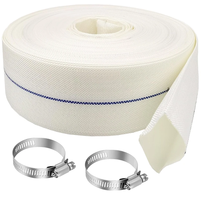 Ahzemepinyo Pool Backwash Hose, 2 Inch x 165 Ft, Heavy Duty Lay-Flat Garden Hose, White, 2 Clamps Included