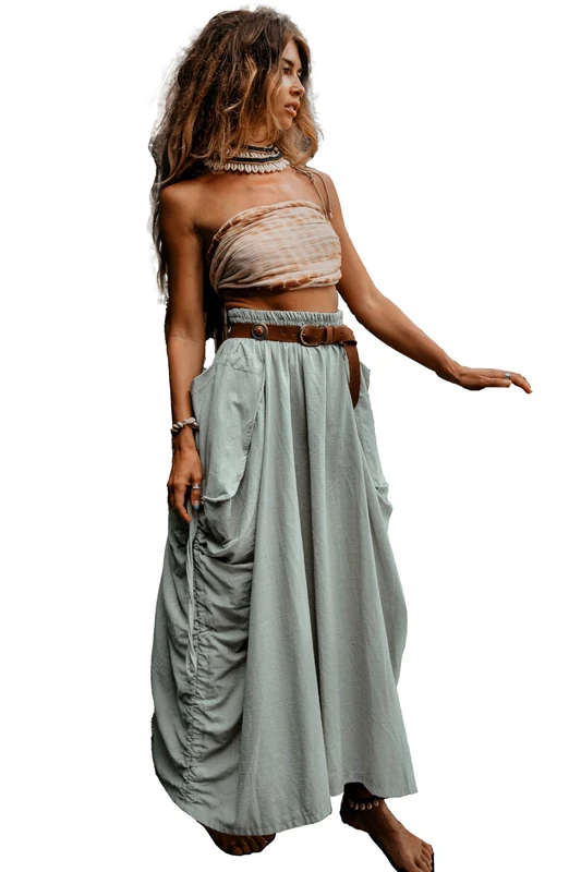 Thaluta Women's Maxi Boho Skirt with Pockets Bohemian Organic Cotton Hippie Gypsy, Sage, One Size
