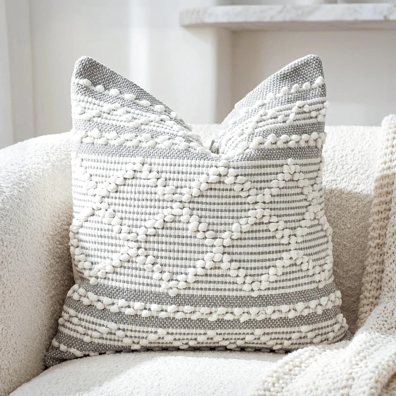 BlissBlush Gray White Decorative Throw Pillow Cover 22X22, Boho Accent Pillow for Couch, Square Modern Farmhouse Pillowcase for Living Room Couch Sofa Cushion Home Décor (Pack of 1)