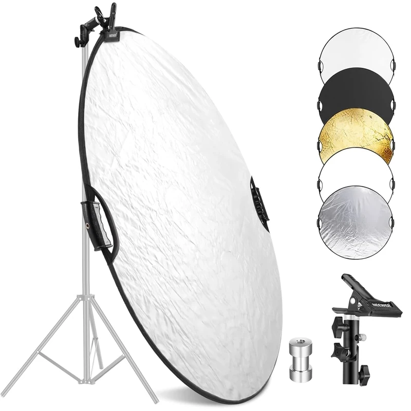 NEEWER 32"/80cm Light Reflector with Clamp & Hand Grips, 5 In 1 Collapsible Multi Disc Photography Reflector Translucent/Silver/Gold/White/Black with 3/8" Thread for Studio Outdoor Lighting, RF-80II