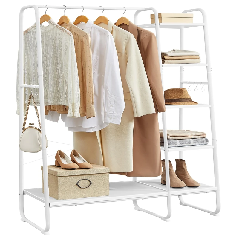 VASAGLE Clothes Rail, Clothes Rack with Shoe Shelf, 5-Tier Storage Rack, 6 Side Hooks, for Bedroom, Living Room, Cloud White and Matte White RGR116W02