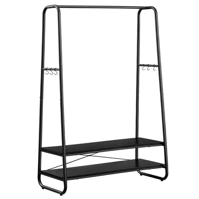 VASAGLE Clothes Rail, Clothes Rack with 2 Shelves, 6 S-Shaped Hooks, Steel Frame, for Bedroom, Ebony Black and Matte Black RGR112B03