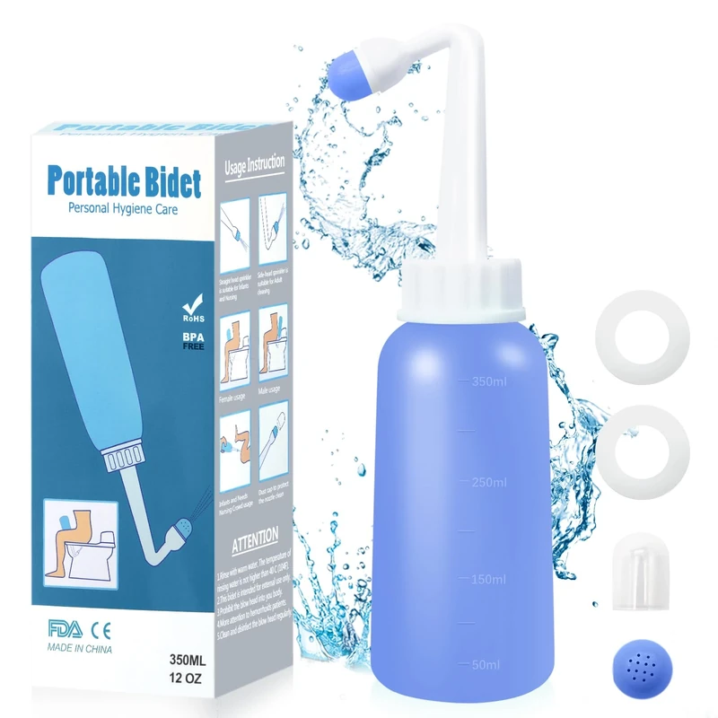 RUFCRIL Mini Portable Travel Bidet with Extra Ring and Carry Bag 350ml, TPE Material for High Temperature Resistance, Essentials for Postpartum Perineal Care,Hemorrhoid Treatment,Blue