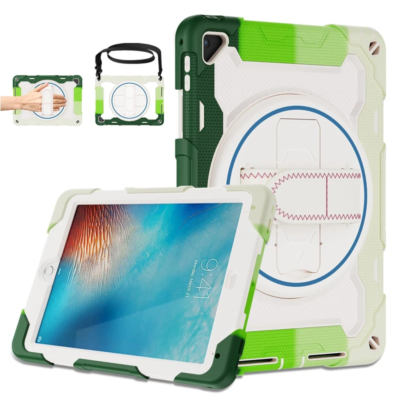 ROISKIN iPad 6th/5th Generation 9.7 Inch Case: Heavy Duty Rugged Cover for Air 2/Pro 9.7 2017/2018 with Screen Protector/Pencil Holder/360 Rotating Stand/Strap, Green