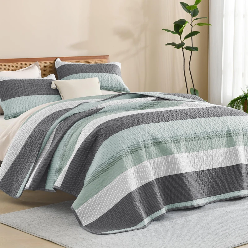 Litanika Super King Quilt, 3 Pcs Sage Green Stripe Bedding Set
