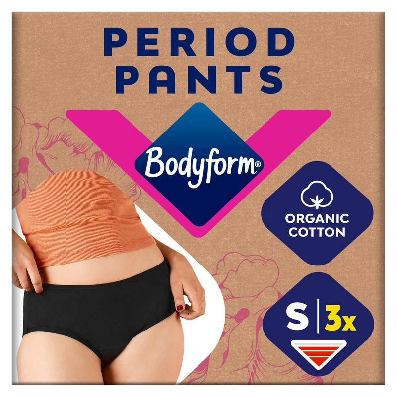 Bodyform Reusable Period Pants, for up to 12 Hours of Protection, ComfortFit Gusset Adjusted by Size, Menstrual Underwear for Moderate to Heavy Flow, Hipster Cut, 3 Pack, S, Black