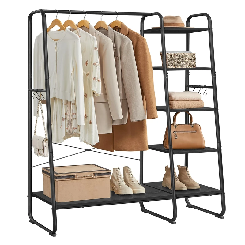VASAGLE Clothes Rail, Clothes Rack with Shoe Shelf, 5-Tier Storage Rack, 6 Side Hooks, for Bedroom, Living Room, Ebony Black and Matte Black RGR116B02