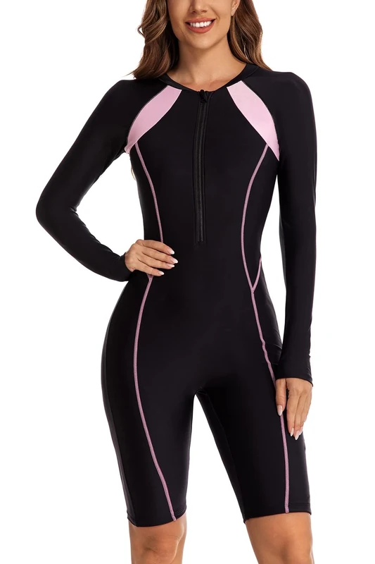 ECUPPER Women's One Piece Zip-Up Rash Guard Swimsuit - Black Large