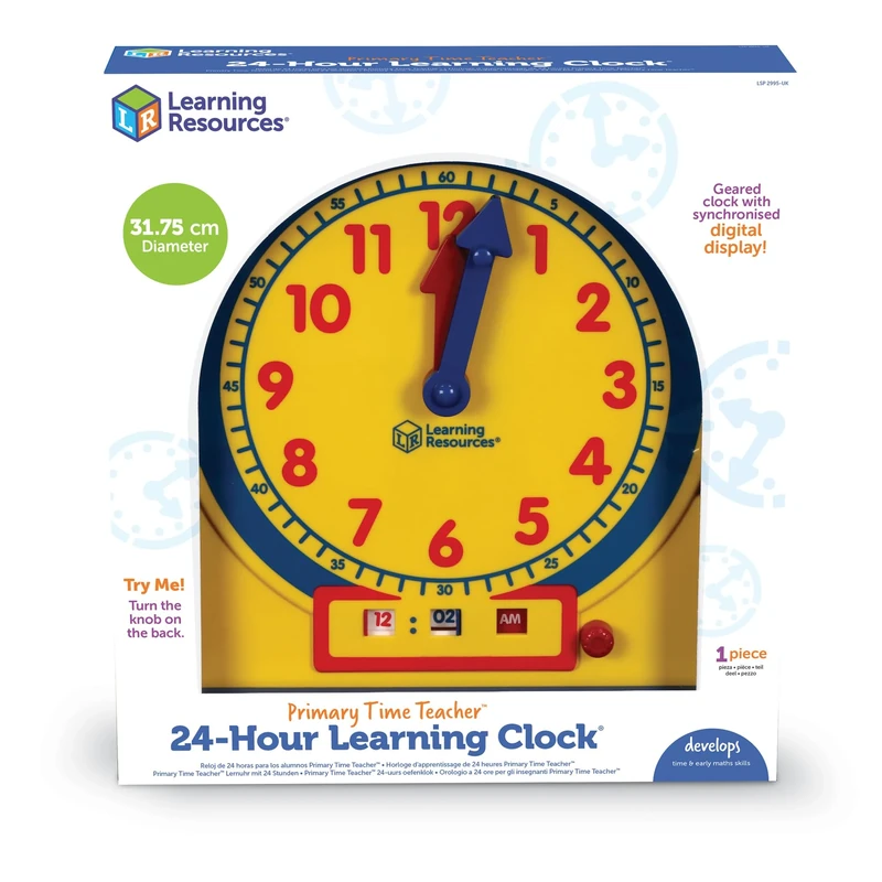 Learning Resources Primary Time Teacher Front of Class 24-Hour Learning Clock - Kids Learning to Tell Time, Analogue and Digital Clock