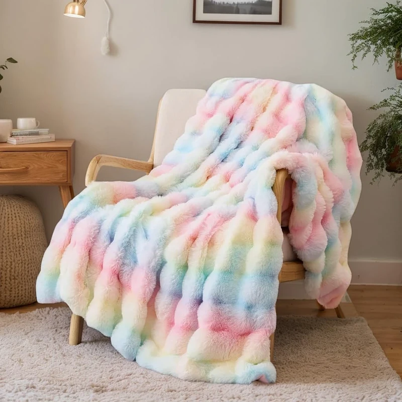 SHANNA Soft Warm Rabbit Plush Fleece Blankets Thick 1000 GSM Throws for Sofa Large Fluffy Versatile Blanket Bed Throw for Bedroom, Couch, Travel, Kids, Camping (Rainbow, 160 * 200cm)