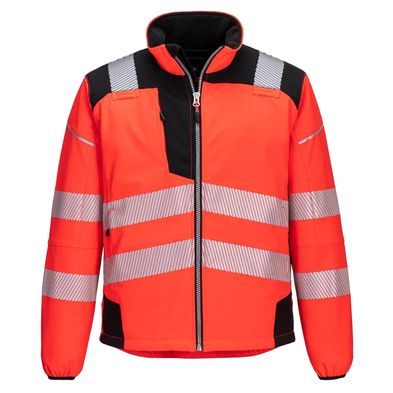 Portwest T402 Men's PW3 Hi Vis Safety Jacket - Windproof Water Resistant High Visibility Reflective Softshell Jacket Red/Black, XX-Large