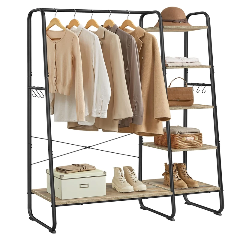 VASAGLE Clothes Rail, Clothes Rack with Shoe Shelf, 5-Tier Storage Rack, 6 Side Hooks, for Bedroom, Living Room, Turquoise Brown and Matte Black RGR116K01