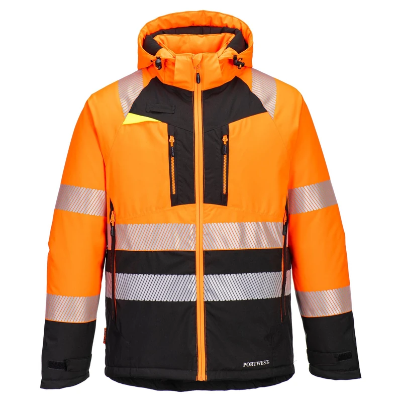 Portwest DX430 Men's Winter Jacket Insulated Waterproof Hi Vis Hooded Work Coat Reflective Fully Lined Padded Zip Safety Utility Reflective Workwear Orange/Black, Medium