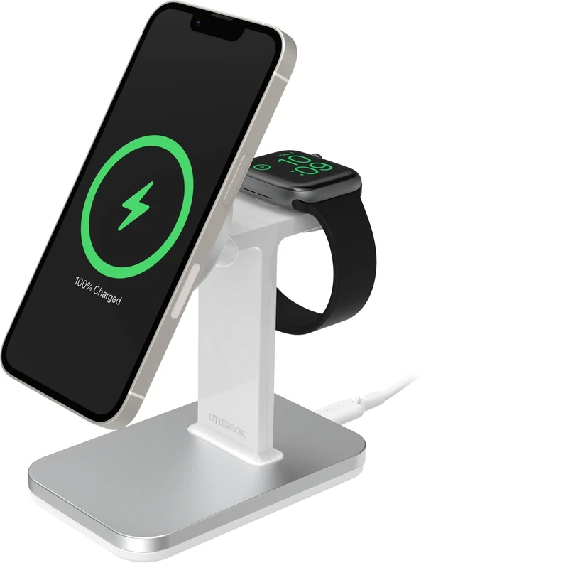 OtterBox Wireless 2 in 1 MagSafe Charging Stand,Type-C (2 Pin EU Plug), Strong Magnetic Alignment and Attachment with MagSafe, Sleek Multi-Devicie Charging Station for iPhone and Apple Watch, Grey