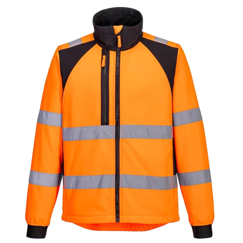 Portwest CD875 Men's WX2 Hi Vis Softshell Jacket - Windproof Water Resistant High Visibility Reflective Eco Safety Jacket Orange/Black, XX-Large