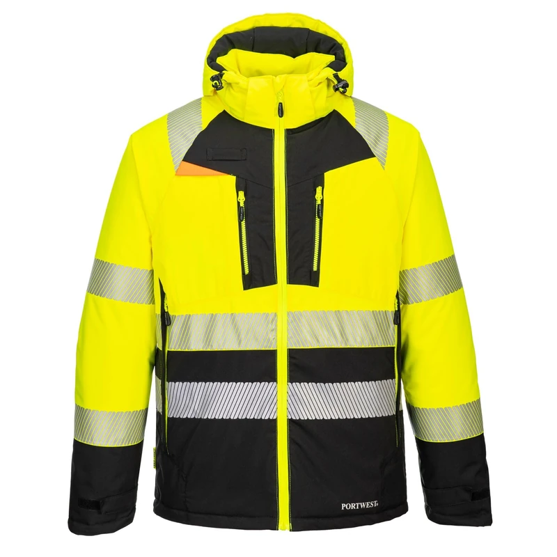 Portwest DX430 Men's Winter Jacket Insulated Waterproof Hi Vis Hooded Work Coat Reflective Fully Lined Padded Zip Safety Utility Reflective Workwear Yellow/Black, 4X-Large
