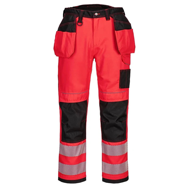 Portwest T501 Mens PW3 Hi Vis Work Trousers - Holster Pocket Workwear Safety Construction Trousers Red/Black, 44