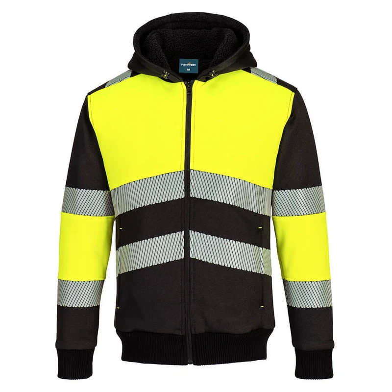 Portwest PW377 Hi Vis Fleece Lined Mens Hoodie Zipped Winter Sweatshirt Casual Warm Insulated Outdoor Workwear Safety Jacket Yellow/Black, Large
