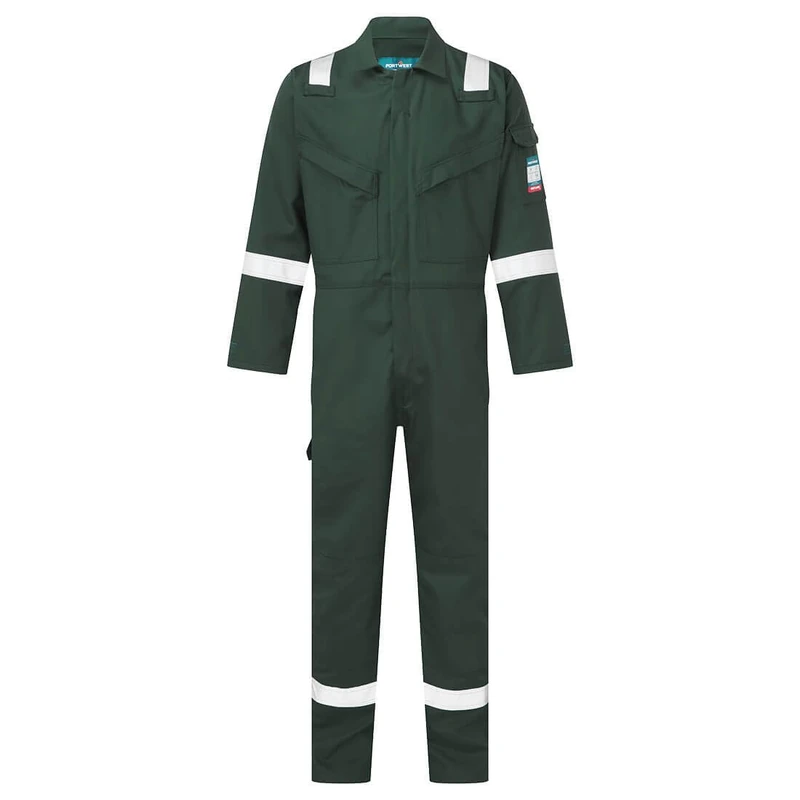 Portwest FR50 Men's Bizflame Work FR Coverall Flame Resistant Hi Vis Anti-Static Arc Proof Safety Overalls Reflective Knee Pad Pockets CE Certified Offshore Workwear, Green, L