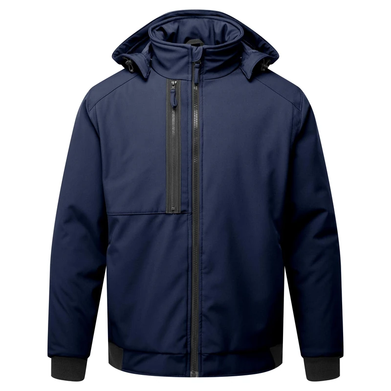 Portwest CD874 WX2 Eco Hooded Softshell Jacket Water-Resistant Windproof Insulated Recycled Fabric Durable Workwear for Warmth and Comfort in Outdoor Use, Dark Navy, XL
