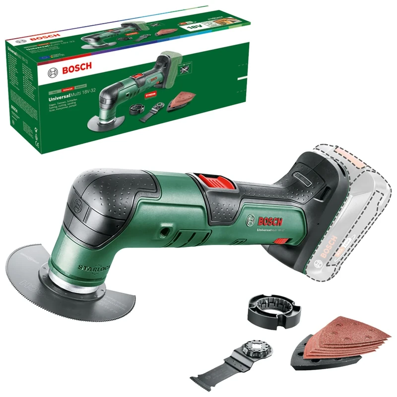 Bosch Cordless Multifunction Tool UniversalMulti 18V-32 (for Repairing and Adjusting; 1x Saw Blade, 1x Cut Blade, 1x Sanding Plate, 6X Sanding Sheets, 1x Allen Key; Without Battery)
