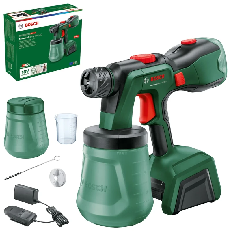 Bosch Cordless Paint Sprayer AdvancedSpray 18V-500 (for Dispersion/Latex Paint, Varnish and Varnish; 3 m²/min; 2 x 1200 ml Container; 4 Ah Battery and Charger)
