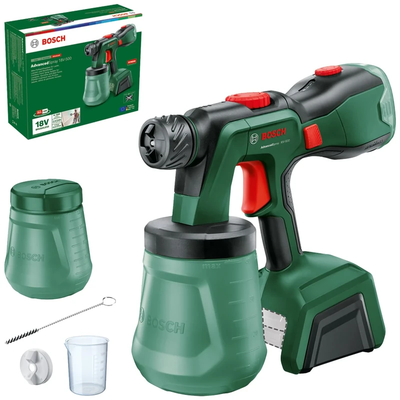 Bosch Cordless Paint Sprayer AdvancedSpray 18V-500 (for Dispersion/Latex Paints, Varnishes & Lacquers; 3m²/min; 2X 1200ml Container; 18V System; Without Battery)