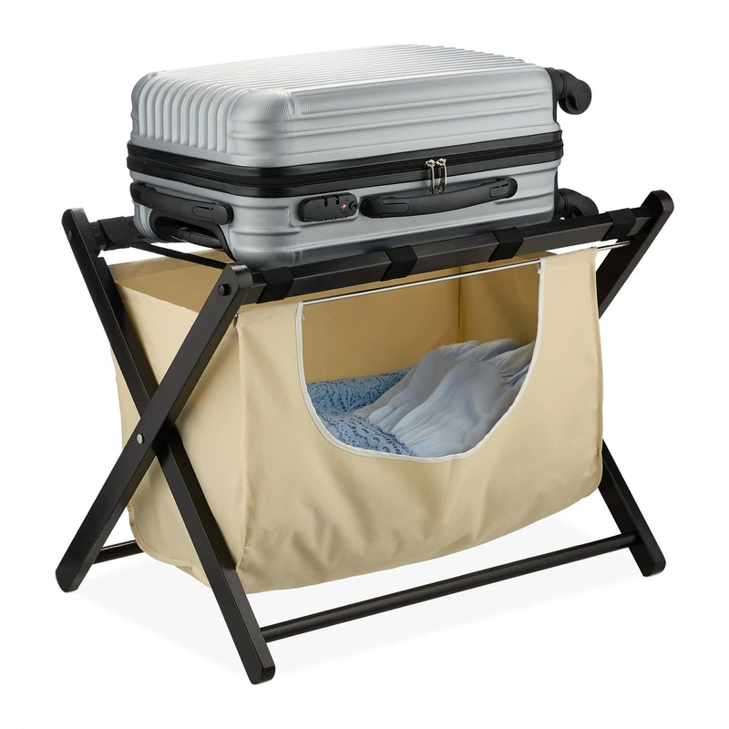 Relaxdays Luggage Stand, Foldable, Wood, HxWxD: 52 x 68 x 47 cm, Suitcase Rack with Laundry Bag, for Hotels, Black/Beige, Cotton