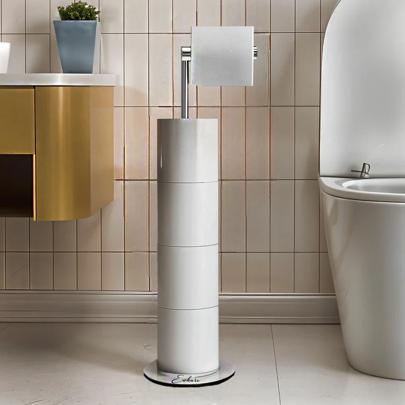 Ewhare Silver Free-Standing Toilet Roll Holder with Heavy Duty Weighted Base, Stainless Steel Bathroom Toilet Paper Stand with Reserve Storage, Rustproof and Space-Saving Design