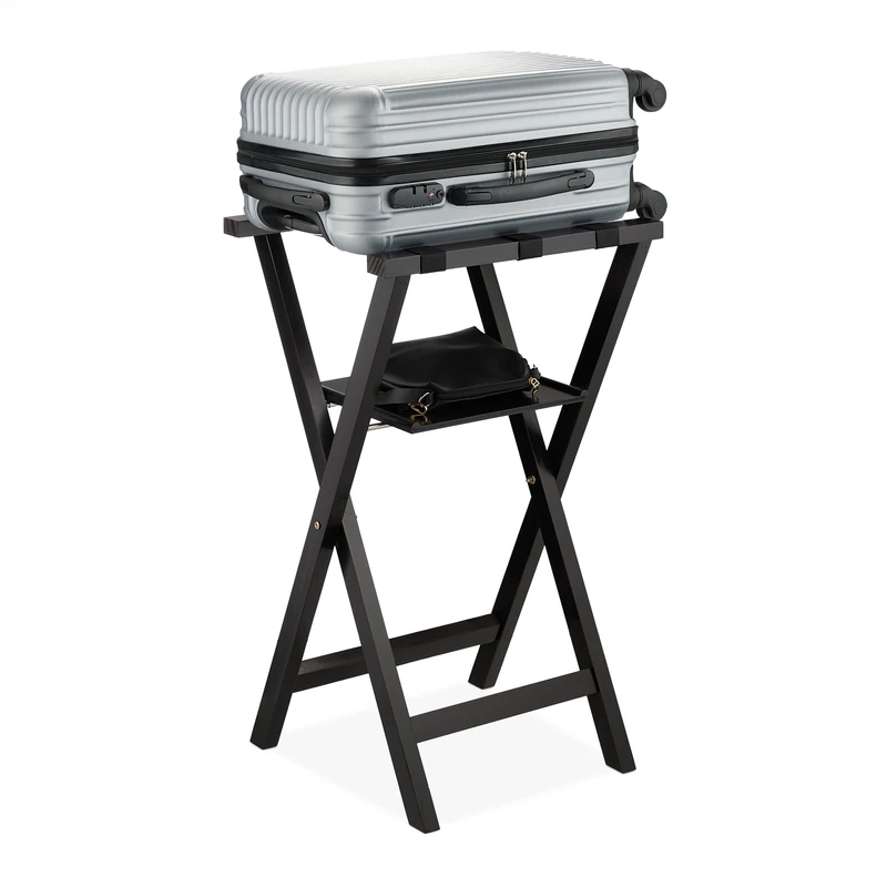 Relaxdays Luggage Stand, Foldable, Pine Wood, HxWxD: 81 x 46 x 43 cm, Suitcase Rack with Shelf, Hotels & at-Home, Black - Image 1