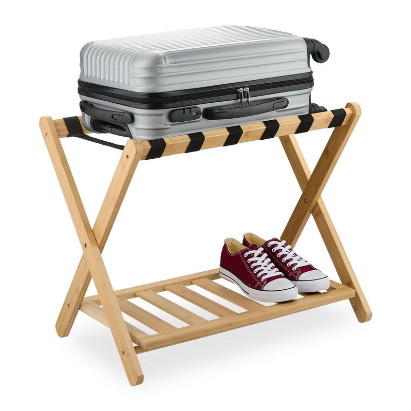 Relaxdays Luggage Stand, Foldable, Bamboo, HxWxD: 56 x 68.5 x 41.5 cm, Suitcase Rack with Shelf for Hotels, Natural, 56 x 68.5 x 41.5