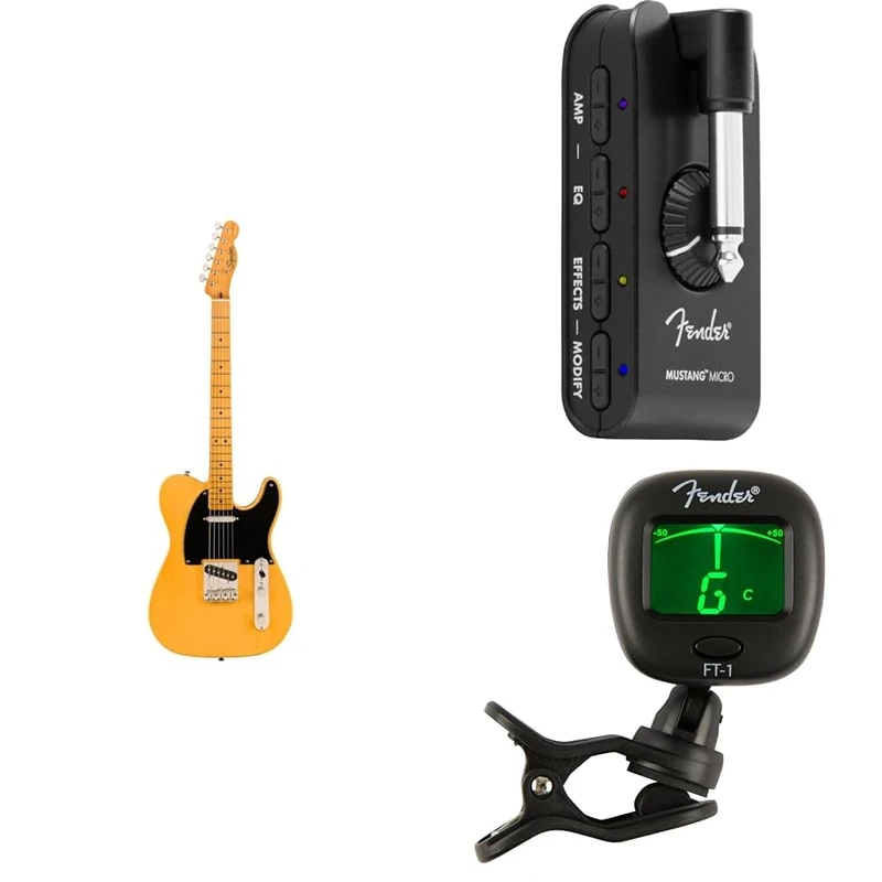 Squier Classic Vibe 50s Telecaster, Electric Guitar, Starter Pack including a Mustang Micro Amplifier, a FT-1 Pro Tuner and a Guitar with Maple Fingerboard, Butterscotch Blonde color