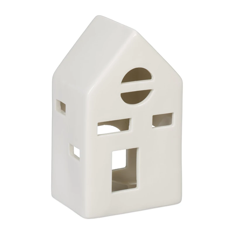 Relaxdays Tealight House Ceramic, Light Through Windows, for 1 Candle, HxWxD: 12.5 x 7 x 6 cm, Table Decoration, White