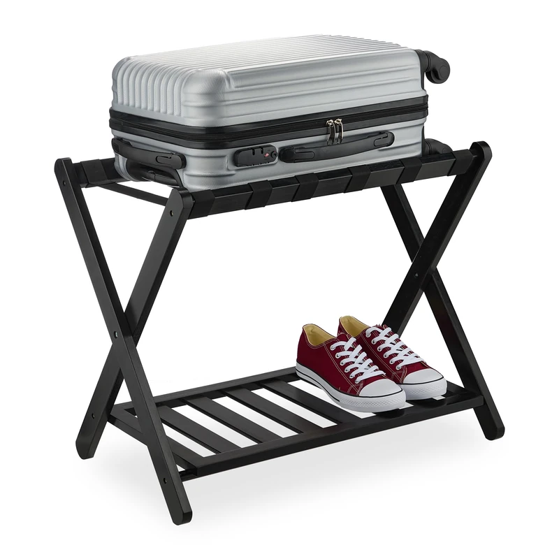 Relaxdays Luggage Stand, Foldable, Bamboo, HxWxD: 56 x 68.5 x 41.5 cm, Suitcase Rack with Shelf, Hotels & at-Home, Black, 56 x 68.5 x 41.5
