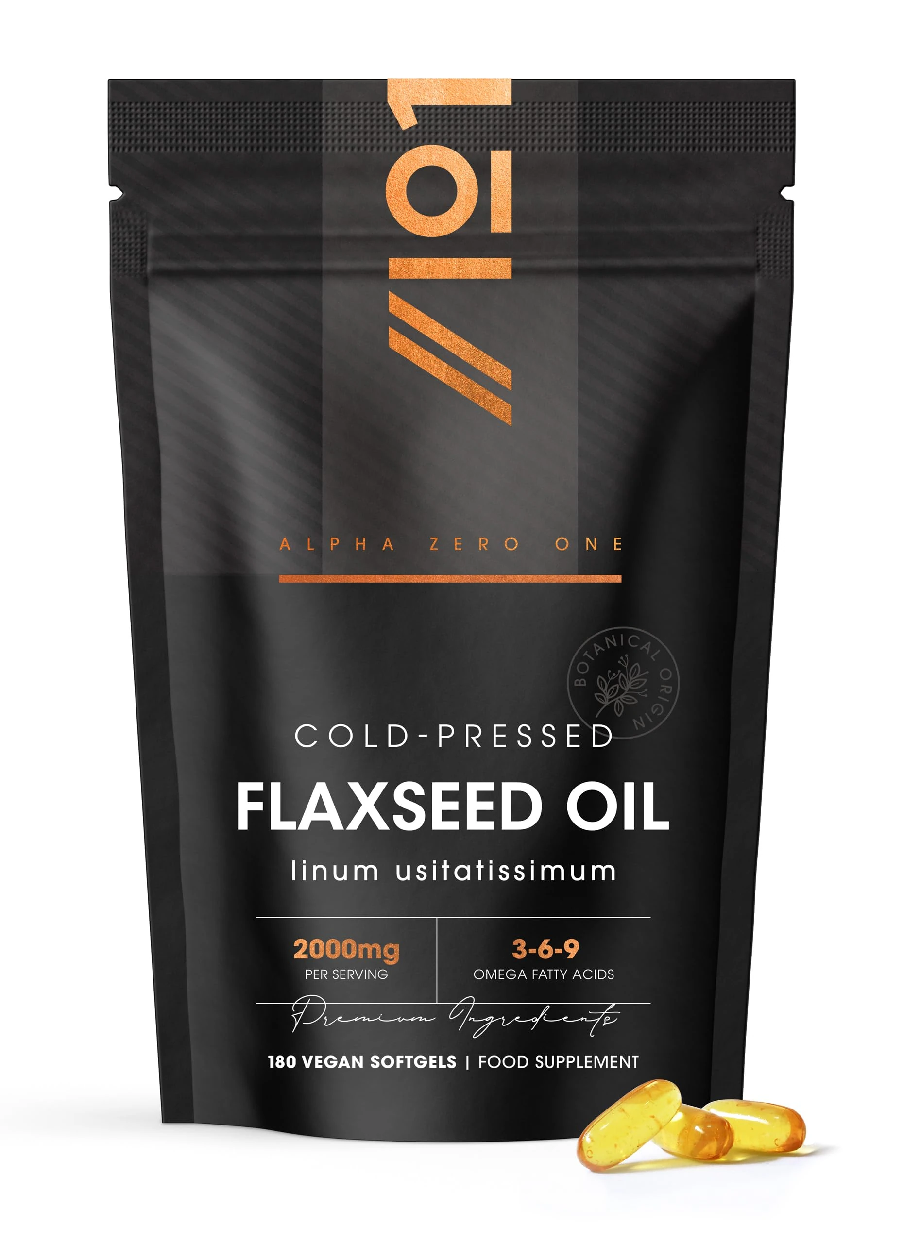 Flaxseed Oil 2000mg – 180 Vegan Softgels – Cold-Pressed with Omega 3-6-9 - Pure & Potent Linum Usitatissimum - Resealable and Recyclable Pouch by Alpha01