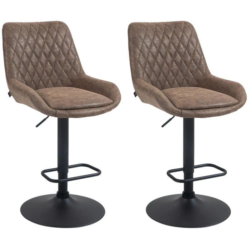 HOMCOM Breakfast Bar Stools Set of 2 with 51x40cm Wide Seat, Height Adjustable Kitchen Counter Chairs, Retro Swivel Upholstered Barstools with Back, Footrest and Steel Base, Coffee