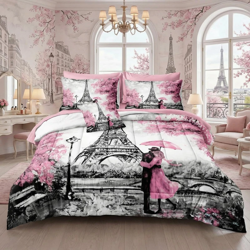 Bedbay 8 Pieces Pink Paris Comforter Set King Size Bed in a Bag Eiffel Tower Romantic Couple Pattern King Bed Set Paris Themed Bedroom Decor Pink and Grey Comforter Set (Couple,King)