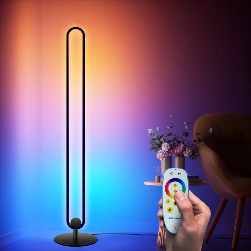 HIYAA LED Floor Lamp, RGB and Warm White Smart Corner Floor Lamp with Remote Control, 130cm Standing Tall Color Changing Floor Lamps for Living Room, Bedroom, Home Decoration-Black