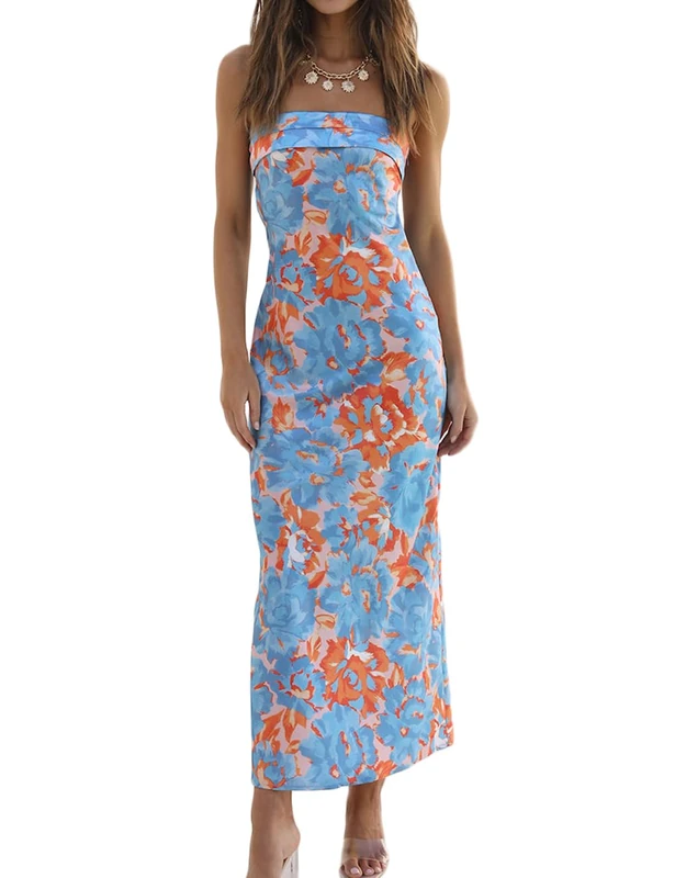 Realtix Satin Silk Backless Tube Tops Maxi Dress for Women Low Back Hollow Out Elegant Strapless Long Dresses Wedding Guest, Peonyorange, S