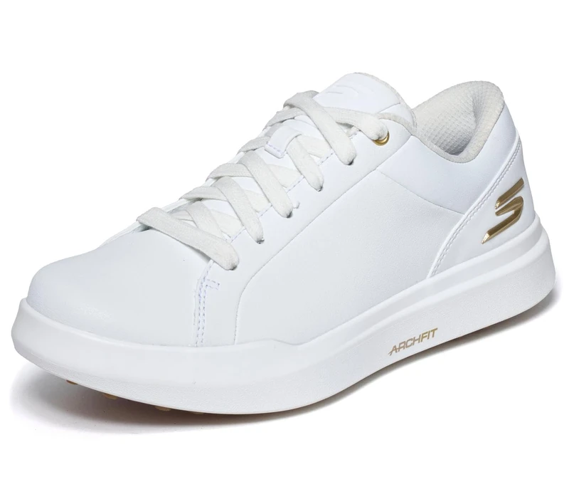 Skechers Women's Drive 6 Arch Leather Relaxed Fit Waterproof Golf Shoe Sneaker, White/Gold, 7