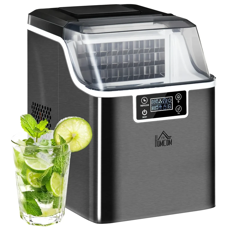 HOMCOM 24kg/Day Ice Maker Machine Countertop, Stainless Steel Portable Ice Cube Maker, 2 Ways to Add Water, 24 Pcs Ready in 14 Mins, Adjustable Ice Size, Self-Cleaning with Scoop & Basket, 3.2L,Black