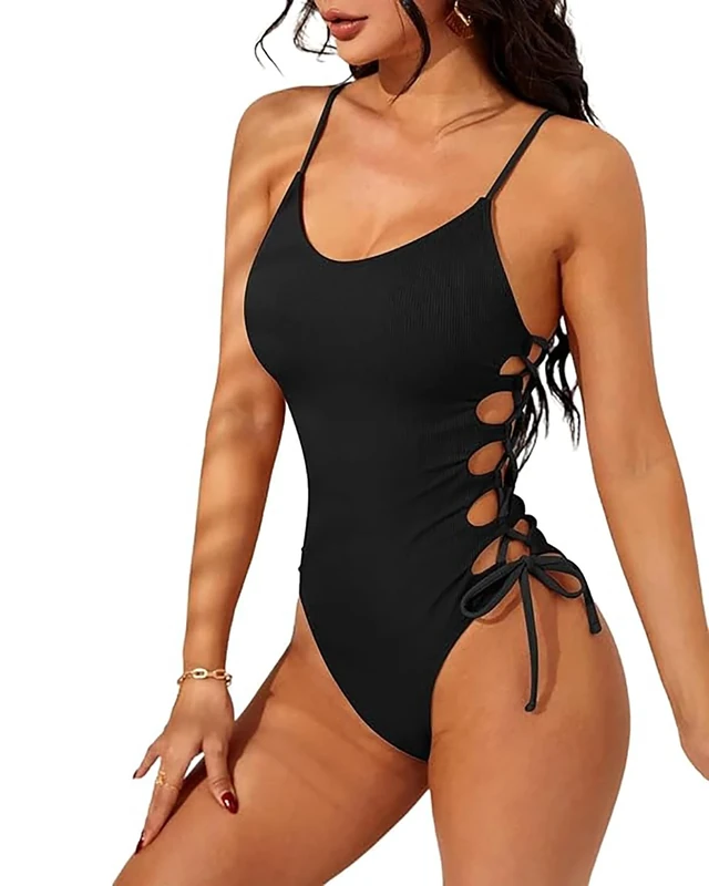 One Piece Laced Up Swimsuit for Women, Spaghetti Strap, Side Ties, Hollow Out, High Cut, Sexy Bathing Suit Monokini Swimwear & Clothing Black